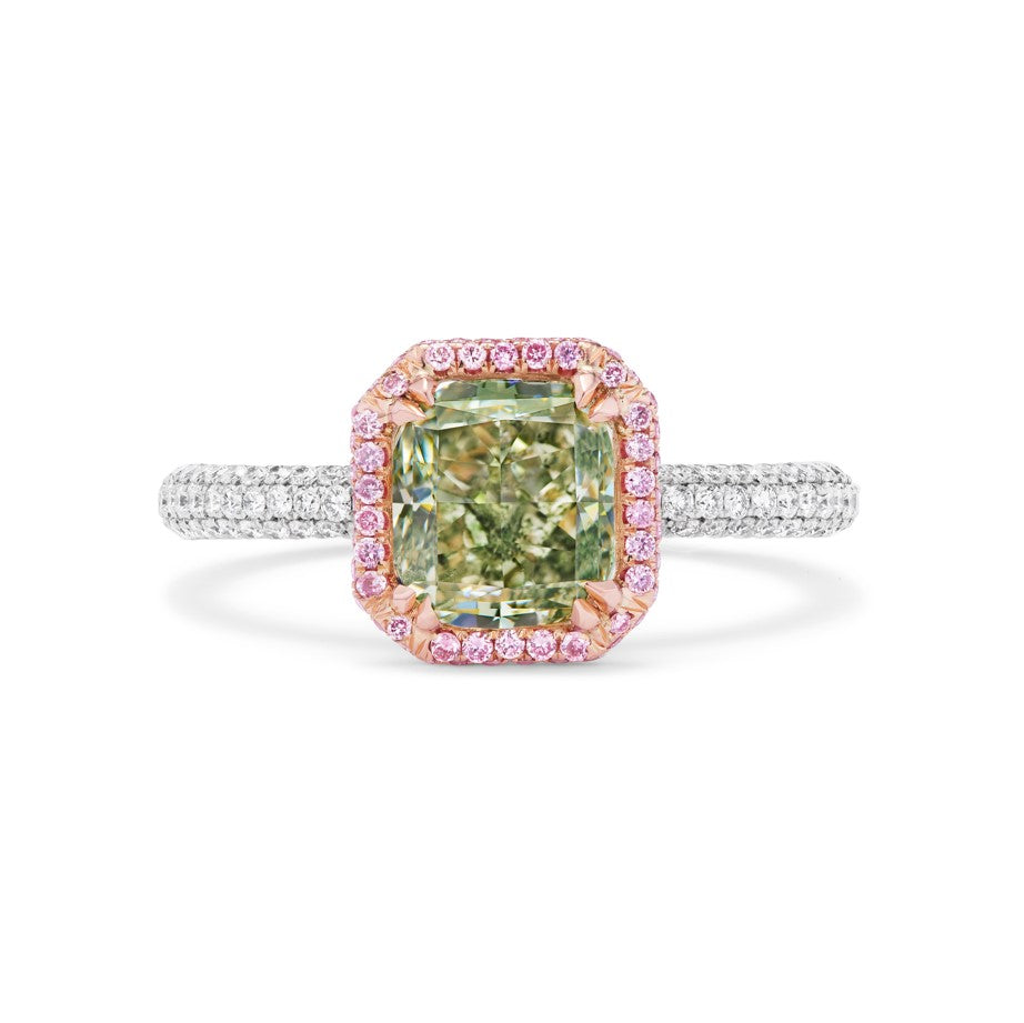 Stunning and Rare Natural Green Diamond Ring with Natural Pink Diamonds