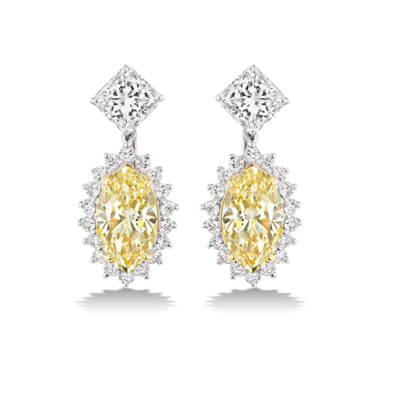 Fancy Champagne Yellow Diamond Earrings with natural marquise shaped diamonds.