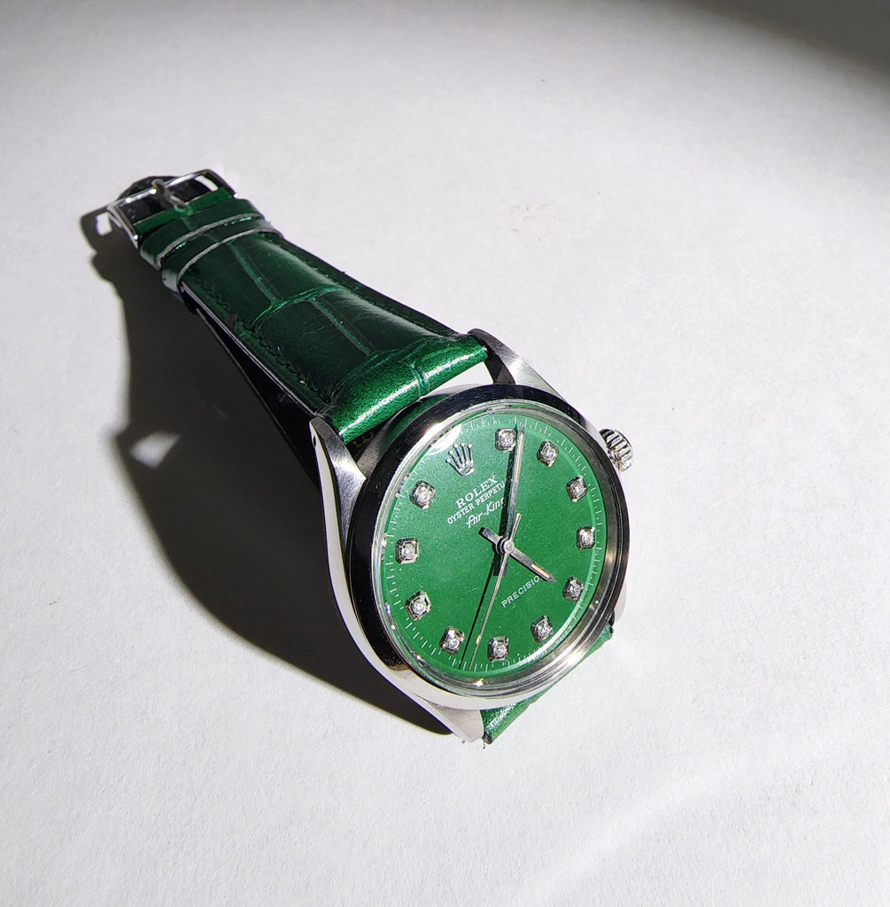Custom Vintage Rolex Date with a custom British Racing Green dial and a custom green strap