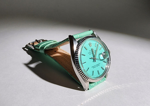 Custom Vintage Rolex Date Just with a teal dial and a custom teal strap